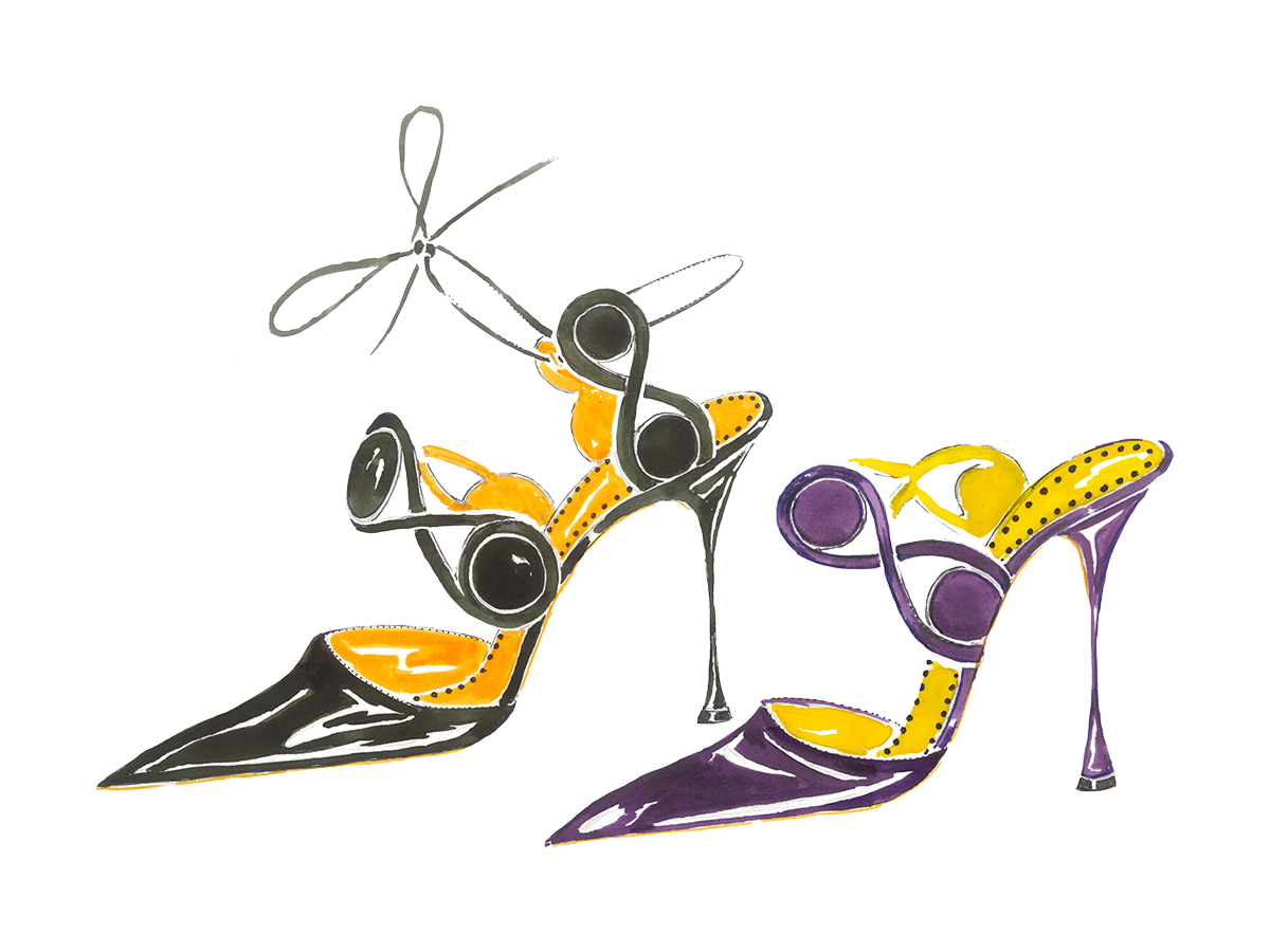 A sketch of two Mocheta shoes, one black one purple. These high heeled shoes have circle patterns around the foot and ankle. 