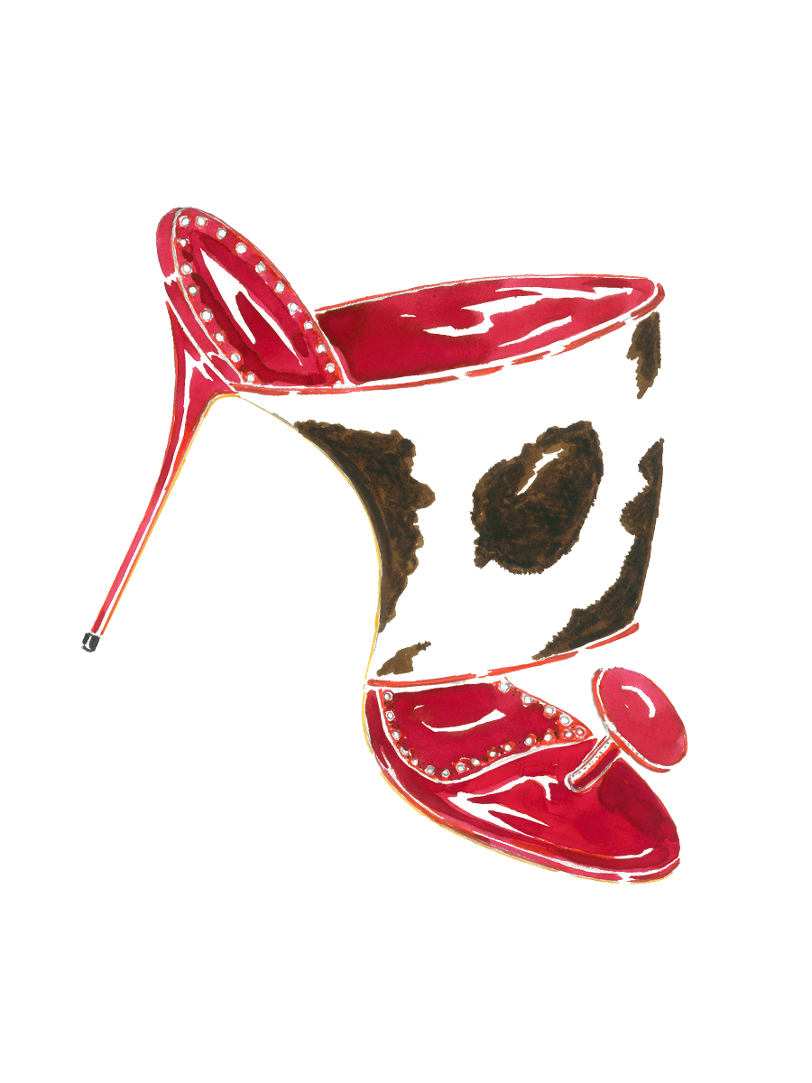 A watercolour ink sketch of Lola. A  high heeled slip-on sandal in cow print.