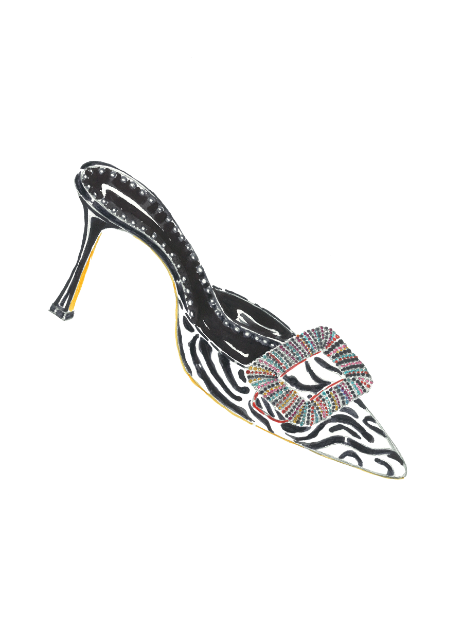 A sketch of the Mafrisa mule. A low heeled mule in a zebra print, with a multicoloured jewelled buckle. 