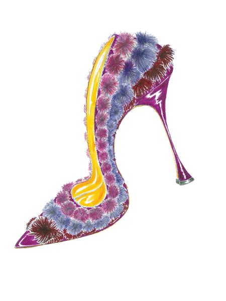 A sketch of Nuzianta. A high-heeled pump with blue, purple and burgundy pom poms attached all over the shoe. 