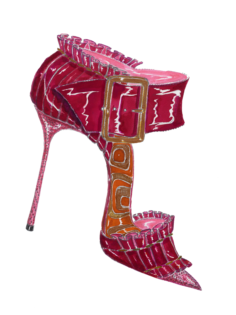 A sketch of the Ouf shoe. A high-heeled D’Orsay pump with a wide ankle strap. There are ruffles around the toe and ankle. 