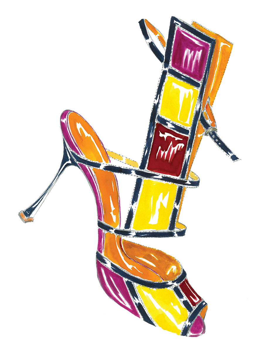 A watercolour ink sketch of Tendona, a high-heeled sandal featuring a tall panel with squares in red, yellow and fuchsia.