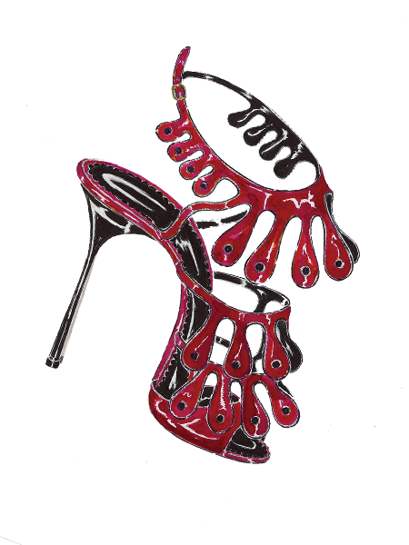 A sketch of Toubid, a dark red high-heeled sandal. There are three thin straps with seaweed-like shapes hanging from them.
