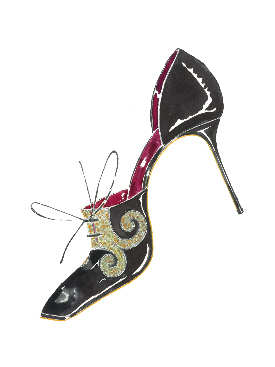 A watercolour ink sketch of Sadovna, a black D'Orsay pump with a squared toe. The shoe has gold brocade detail at the front. 