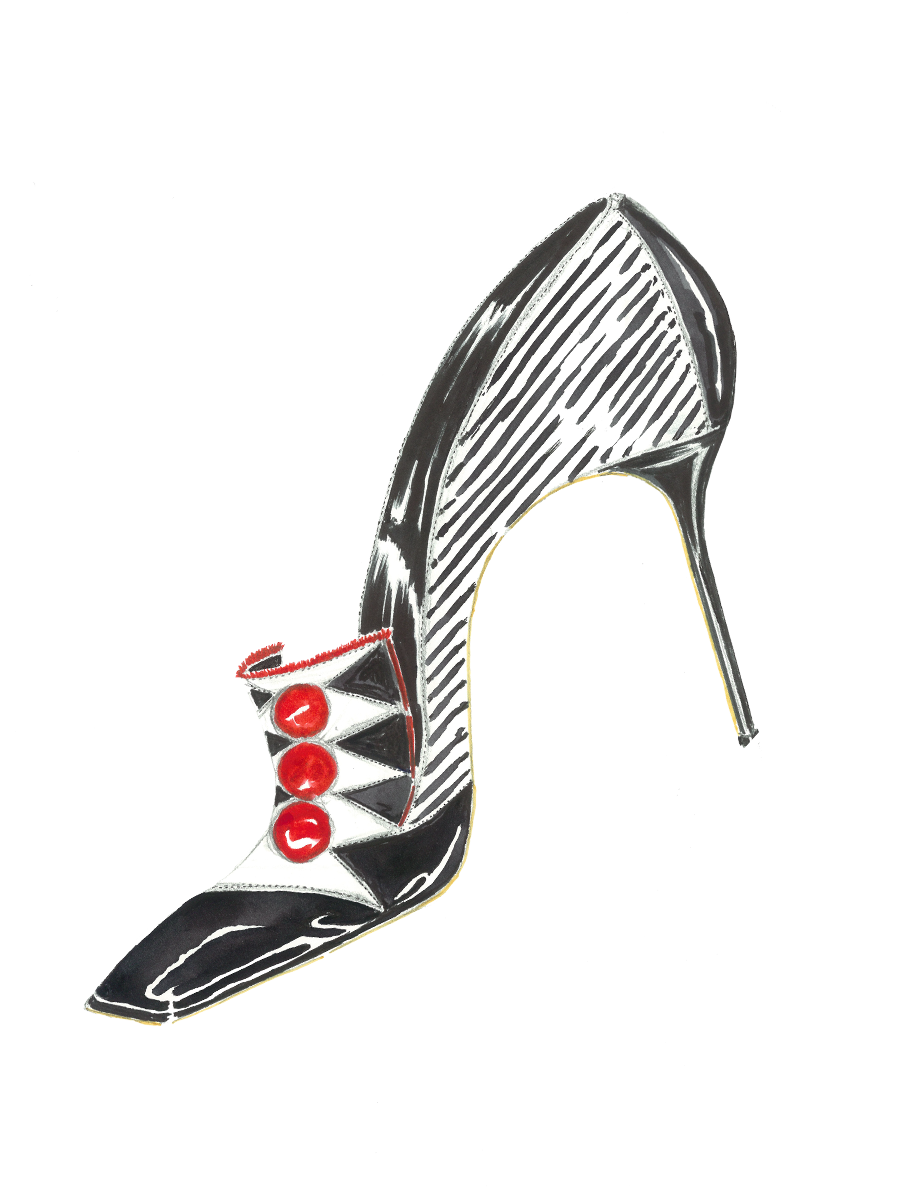A sketch of Ossiekov, a black court shoe. The shoe has black and white diamond panelling with red spots at the front.
