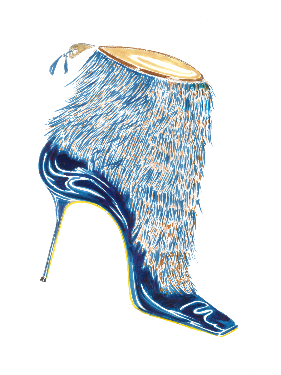 A watercolour ink sketch of Artyon, a blue ankle boot. The high-heeled boot is covered in small blue and yellow feathers.