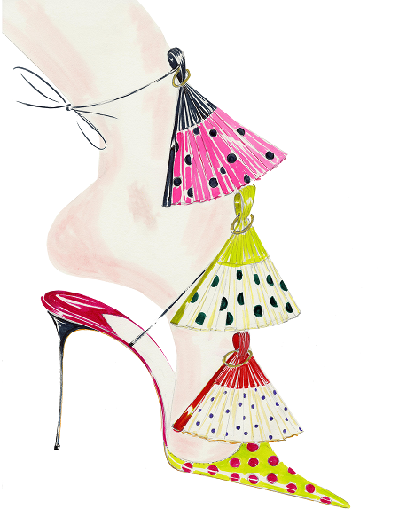 A sketch of the Abanico de Sevilla fantasy shoe. Polka dot fans on the front of the shoe to represent flamenco dancers.