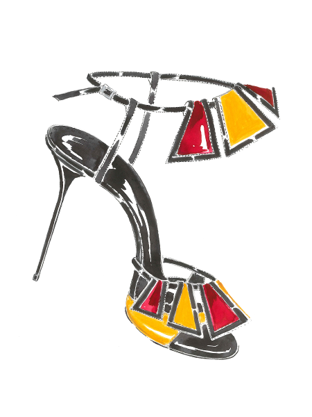 A watercolour ink sketch of Chamba. A black high-heeled, open toe sandal featuring panels of red and yellow suede.