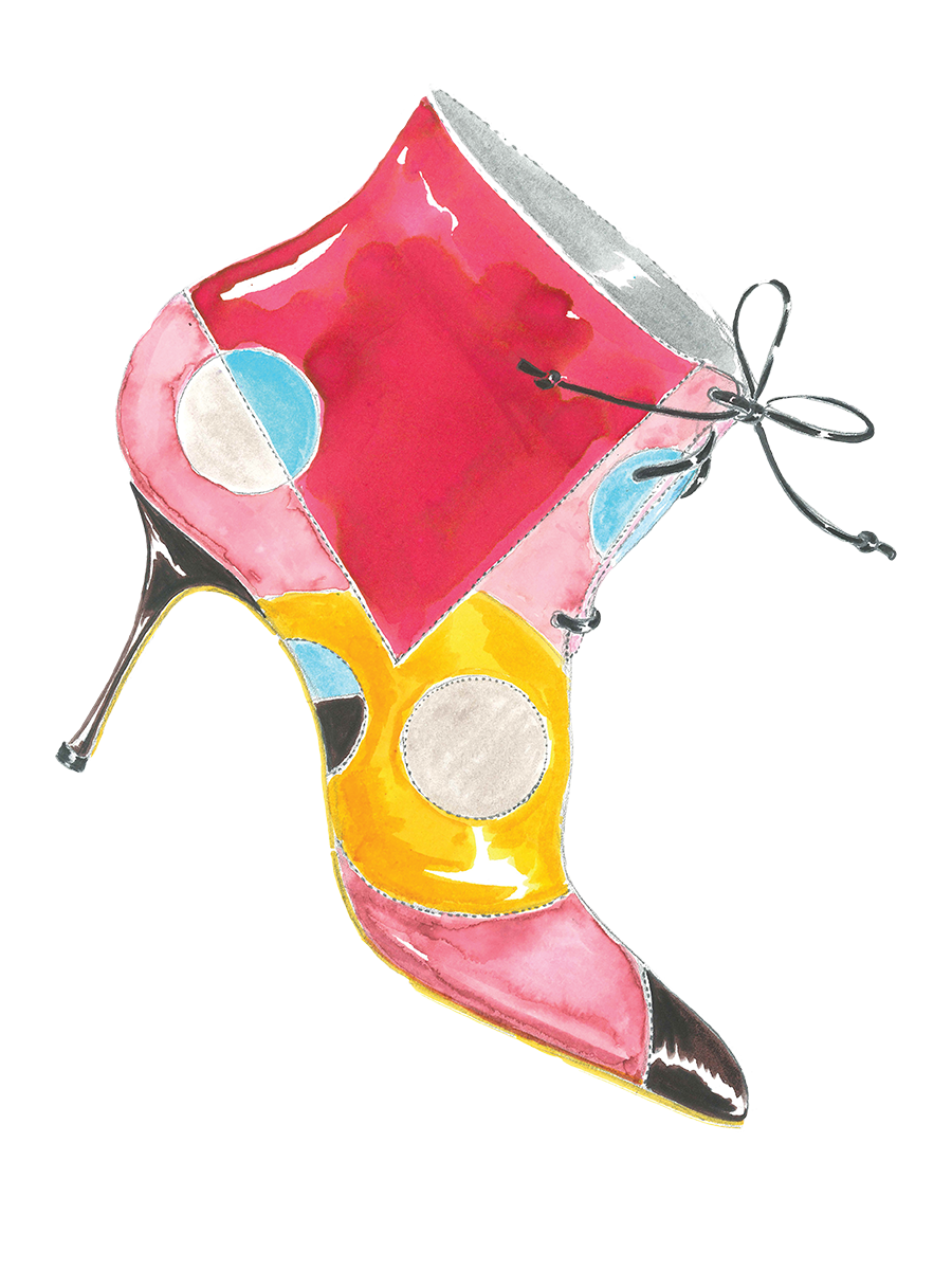 A watercolour ink sketch of Hilaria, a light pink lace-up bootie with Picasso-inspired patterns.