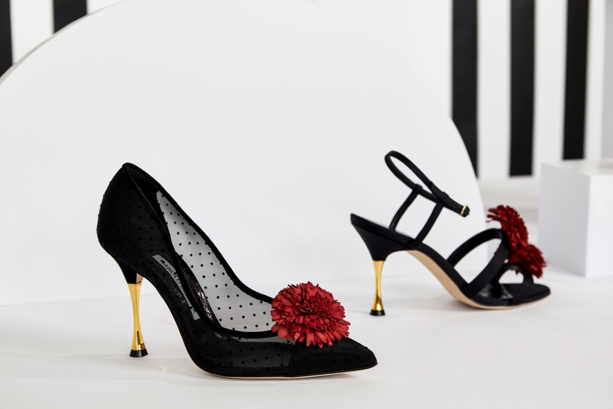 Editorial image of the Sohemias pump against a monochromatic striped background.
