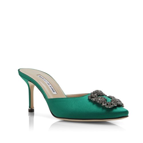 HANGISI 70 | Green Satin Jewel Buckle Pumps | Manolo Blahnik