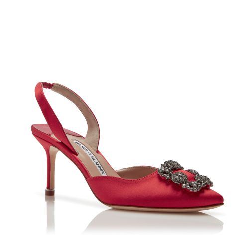 HANGISI 70 | Red Satin Jewel Buckle Pumps | Manolo Blahnik