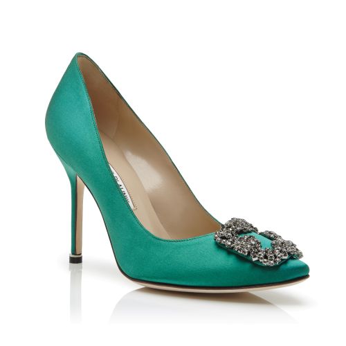 NADIRA | Green Satin Jewel Buckle Pumps | Manolo Blahnik