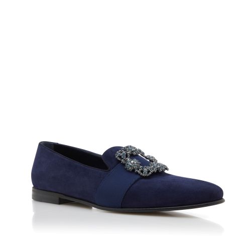 Navy Blue Suede Jewelled Buckle Loafers , CA$1,555