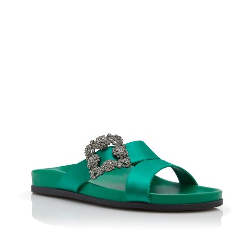 HANGISIFLAT | Green Satin Jewel Buckled Flats | Manolo Blahnik