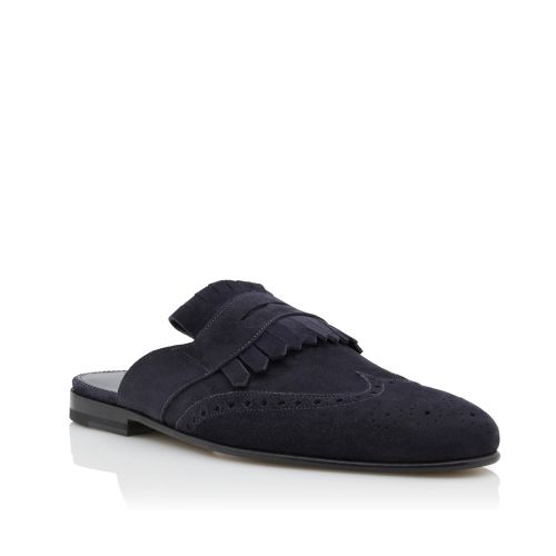Navy Blue Suede Kiltie Backless Loafers, AU$1,355