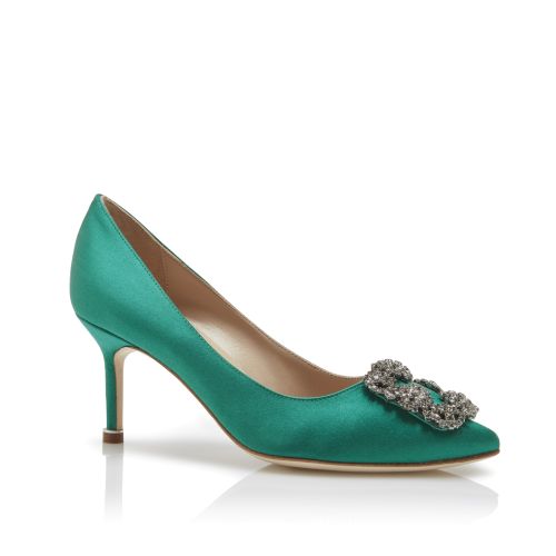 HANGISIMU | Green Satin Jewel Buckle Mules | Manolo Blahnik