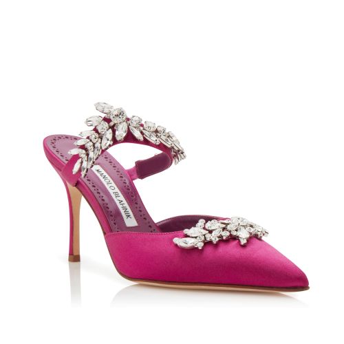 HANGISI | Dark Fuchsia Satin Jewel Buckle Pumps | Manolo Blahnik