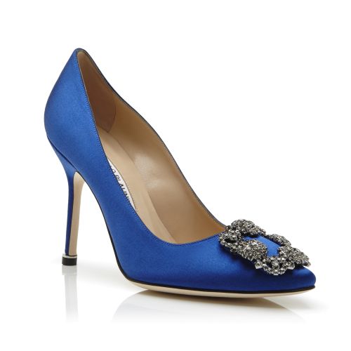 HANGISI | Navy Blue Satin Jewel Buckle Pumps | Manolo Blahnik