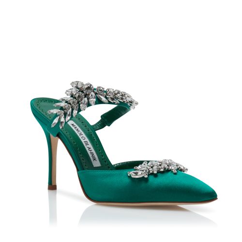 NADIRA | Green Satin Jewel Buckle Pumps | Manolo Blahnik