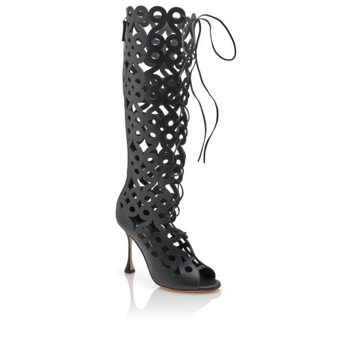 Black Calf Leather Cut Out Knee High Boots, £1,625