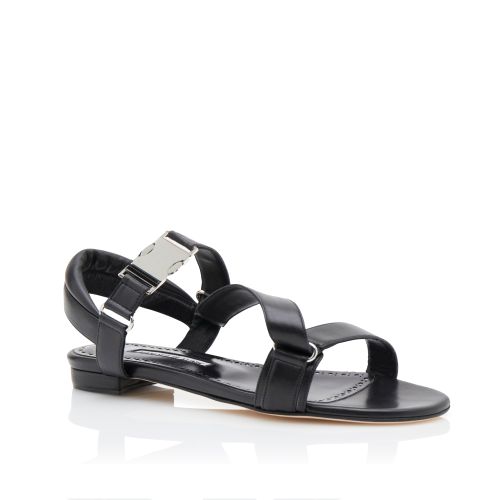 Black Nappa Leather Buckle Detail Flat Sandals , US$925