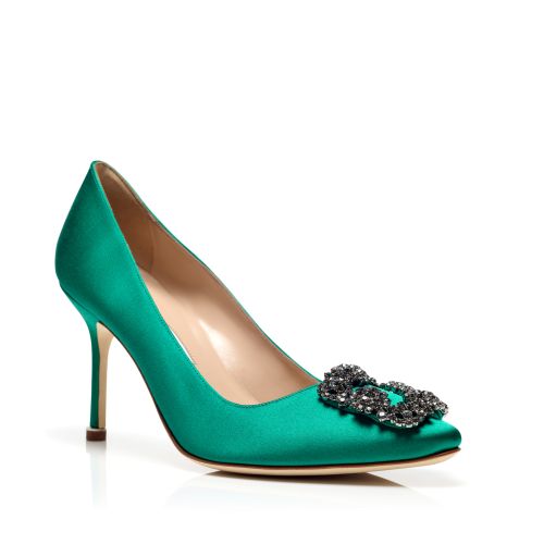 NADIRA | Green Satin Jewel Buckle Pumps | Manolo Blahnik