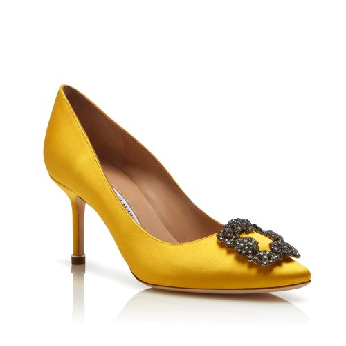 HANGISLI | Yellow Satin Jewel Buckle Slingback Pumps | Manolo Blahnik