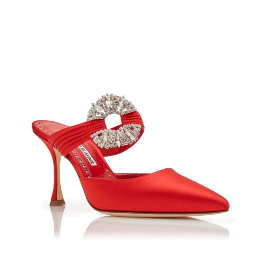 Red Satin Embellished Buckle Mules, AU$2,065