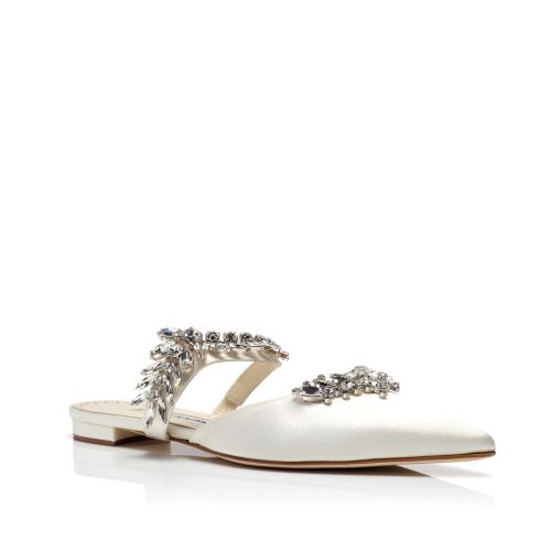 HANGISIFLAT | White Satin Jewel Buckle Flats | Manolo Blahnik