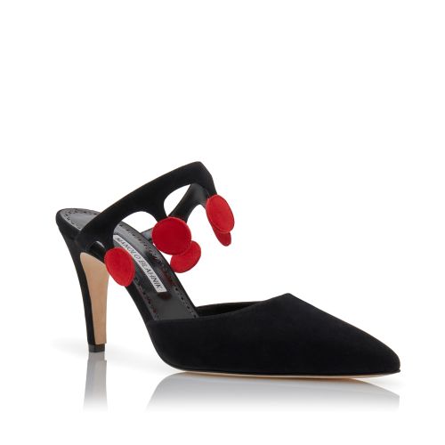 Black and Red Suede Pom Pom Detail Mules, US$945