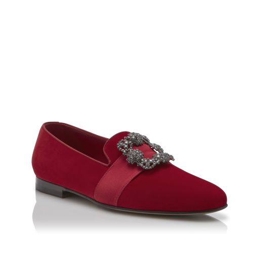 Red Velvet Jewelled Buckle Loafers, US$995