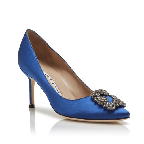 HANGISLI | Light Blue Satin Jewel Buckle Slingback Pumps | Manolo Blahnik