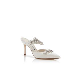 [MANOLO BLAHNIK] LURUM サテンクリスタルミュール LURUM | Off-White Satin Crystal Embellished Mules | Manolo