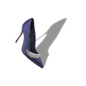 直営店 ‐Manolo Blahnik - SALE! PLUMA 105mm ミュール PLUMA | Navy Blue Satin Jewel Embellished Pumps | Manolo Blahnik