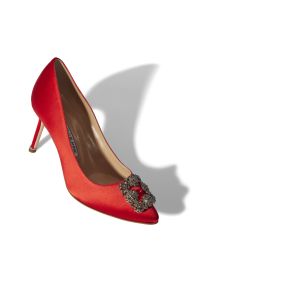 HANGISI 70 | Red Satin Jewel Buckle Pumps | Manolo Blahnik