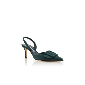 MAYSLI | Dark Green Suede Buckle Detail Slingback Pumps