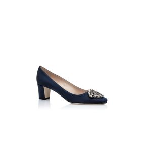 OKKATO | Navy Crêpe De Chine Jewel Buckle Pumps | Manolo Blahnik