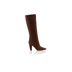 Designer Brown Suede Knee High Boots - Thumbnail Side View