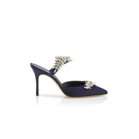 LURUM | Navy Satin Crystal Embellished Mules | Manolo Blahnik