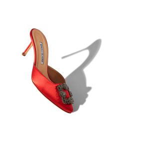 HANGISIMU | Red Satin Jewel Buckle Mules | Manolo Blahnik