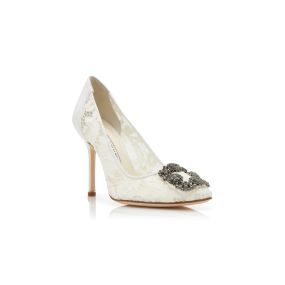 HANGISI LACE | Light Cream Lace Jewel Buckle Pumps | Manolo