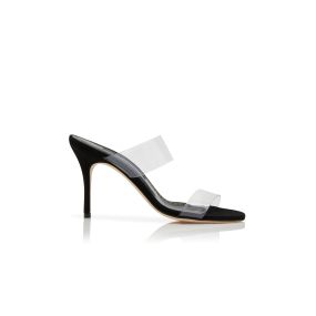 SCOLTO | Black Suede and ECO PVC Open Toe Mules | Manolo Blahnik