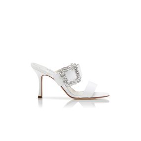 【MANOLO BLAHNIK】ホワイトサテンジュエルバックルパンプス HANGISLI | White Satin Jewel Buckle Slingback Pumps | Manolo