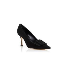 マノロブラニク　Maysale 38 MAYSALE | Black Suede Kitten Heel Mules | Manolo Blahnik