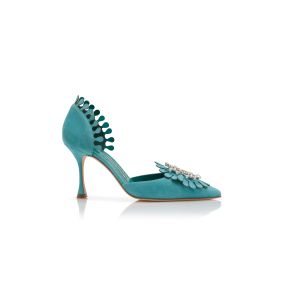 SHOG | Light Blue Suede Jewel Embellished Pumps | Manolo Blahnik