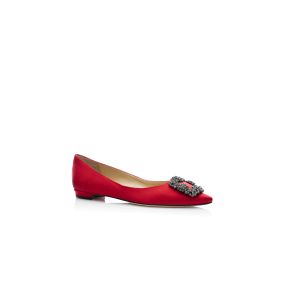 HANGISIFLAT | Red Satin Jewel Buckle Flat Pumps | Manolo Blahnik