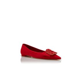 【MANOLO BLAHNIK】MAYSALEPUMPFLAT スエード フラット パンプス GIBFLA | Red Suede Pearl Buckle Flat Pumps | Manolo Blahnik