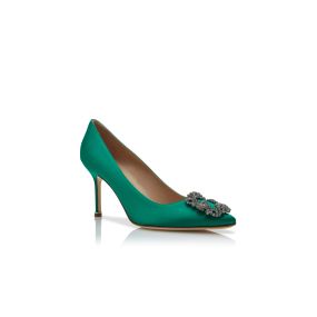 HANGISI 90 | Green Satin Jewel Buckle Pumps | Manolo Blahnik