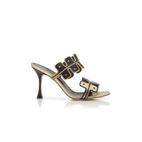 サンダル・ミュール Manolo Blahnik Two-tone leather and mesh Avespamu mules MANOLO BLAHNIK Avespamu 90 mesh-trimmed two-tone patent
